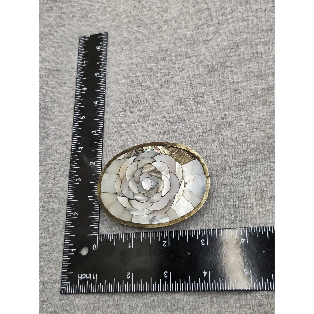 Vintage Handmade Abalone Floral Brass Belt Buckle Womens Boho Repurpose Project